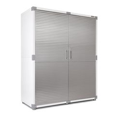 a large white storage cabinet with two doors