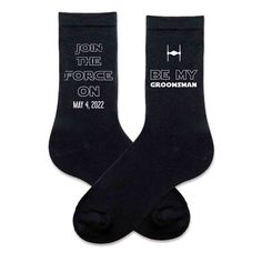 Custom star wars inspired groomsmen proposal black crew socks personalized with wedding date Star Wars Wedding Favors For Guests, Starwars Wedding Ideas, Star Wars Wedding Decorations, Planning 2024, Wedding Party Proposal, Grooms Outfit, Spooky Wedding, Wedding Mad Libs, Star Wars Wedding Theme