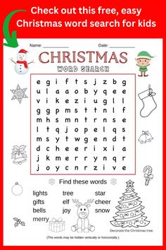 Easy Christmas word search puzzle for kids. Free printable PDF available on Puzzletainment.com Christmas Search And Find, Christmas Crosswords Free Printable, Kindergarten Word Search Free Printable, Christmas Wordsearch Free Printable, Free Christmas Word Search Printables, Christmas Word Games Free Printable, Word Search For Kids Free Printable, Free Word Search Puzzles Printables