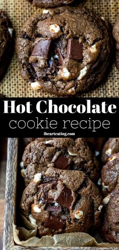 chocolate cookies in a box with the words hot chocolate cookie recipe on top and bottom