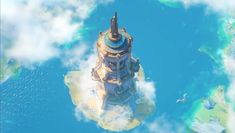 an aerial view of a tower in the sky with clouds and water around it,