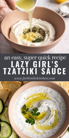 an easy, super quick recipe to make lazy girls'taziki sauce with cucumbers