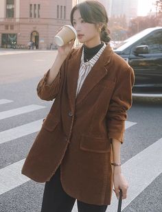 Brown Front Pockets Corduroy Blazer Jacket | Haruto - Treasure L Haruto Treasure, Fashion Chingu, Types Of Coats, Leather Blazer Jacket, Corduroy Blazer, Striped Jacket, Oversized Jacket, Leather Blazer, Faux Leather Jackets