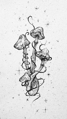 a black and white drawing of three mushrooms