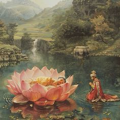 a painting of a woman sitting on top of a pink flower in the middle of water