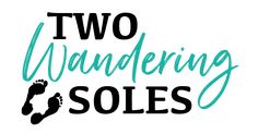 two wandering soles logo with the words, two wandering soles in black and teal