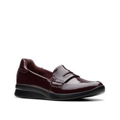 Clarks-Ellowyn Penny Loafer Add to your casual or professional fits with the Ellowyn loafer from Clarks. The classic penny loafer look makes for versatile styling, while the cushy footbed and wedge sole ensure support underfoot. Burgundy Slip-on Office Loafers, Casual Burgundy Loafers For Fall, Casual Burgundy Loafers With Flat Heel, Casual Burgundy Loafers With Leather Sole, Casual Burgundy Flat Heel Loafers, Burgundy Casual Flat Loafers, Casual Burgundy Flat Loafers, Burgundy Flat Loafers For Work, Professional Fits