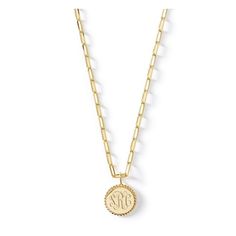 Honor yourself or your loved ones with this beautiful monogrammed necklace. Perfect for layering, the medallion hangs on a stylish paperclip style chain and features a dainty beaded edge to frame your initials. Made in New York from the highest-quality metals, it was designed by Zahava, whose Sarah Chloe line of jewelry is known for its elegant and modern take on personalized jewelry. Makes a beautiful shower, wedding, graduation, Bat Mitzvah or birthday gift.    Round medallion: 0.625"; rectang Honor Yourself, Chloe Jewelry, 14kt Gold Jewelry, Free Monogram, Beaded Edge, Medallion Necklace, Monogram Necklace, Bat Mitzvah, Round Pendant