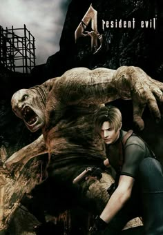 the resident evil character from resident evil is being chased by a giant creature in front of him