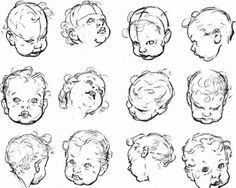 a bunch of baby heads drawn in black and white