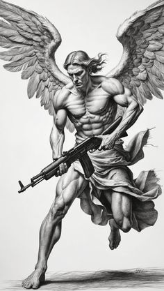 Detailed black and white pencil sketch of a majestic Bible angel with outstretched wings, gripping a Kalashnikov rifle. The angel wears a flowing white robe, showcasing intricate folds. The sketch captures dynamic movement and intensity against a smooth white background, highlighting the angel's rugged beauty and serious expression. Like Art