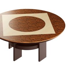 a wooden table with an oval design on the top and white area in the middle