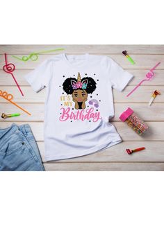 We make every order with love! This is printed on a 100% polyester white shirt.  African American Puff Unicorn Birthday Shirt Shirt will be printed as seen in picture! Please leave in the personalization section when placing your order child's name and age. SHIRT BRANDS  Cricut, Laughing Giraffe  Small 6/8 Medium 10/12 Large 14/16 Adults Small- XLarge(upon request) Please feel free to message me if you have any questions. Afro Unicorn, Black Tutu, Birthday Unicorn, Black Unicorn, Afro Puff, Unicorn Shirt, Boys Graphic Tee, Birthday Girl Shirt, Girl Shirt