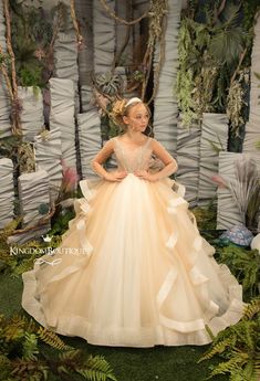 "Gorgeous Gold and Ivory flower girl dress with multilayered skirt, satin corset, the long tulle sleeves with rhinestones. The dress fastenes with a vertical row of buttons. Specially designed of unique girls dress pattern for your chic special occasions, wedding, birthday, first communion, pageant, bridesmaid party, Christmas. Item material: upper layer of the skirt - tulle middle layer of the skirt - satin lower layer of the skirt - taffeta corset - satin, rhinestones, buttons Item color: Gold Ruffle Flower Girl Dress, Long Flower Girl Dresses, Ivory Flower Girl, Ruffle Flower, Ivory Flower Girl Dresses, First Communion Dresses, Bridesmaid Party, Flower Girl Dresses Tulle, Pageant Gowns