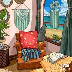 a cat sitting on top of a chair in front of a window with curtains and potted plants