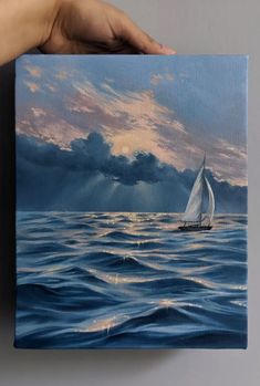 a painting of a sailboat in the ocean at sunset with clouds and sunbeams