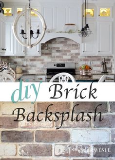 the words diy brick backsplash are in front of a kitchen with white cabinets