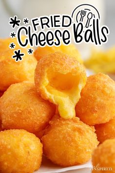 fried cheese balls on a white plate with the words fried cheese balls above it and below