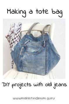 an old jean purse sitting on top of a white chair with the words, want some ideas? diy projects with old jeans