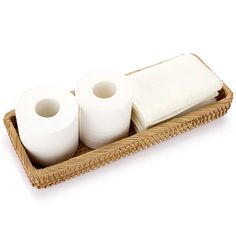 two rolls of toilet paper in a bamboo tray