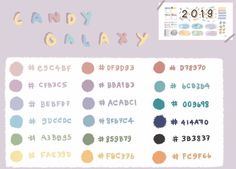 the candy galaxy sticker sheet is shown in various colors and font, including numbers