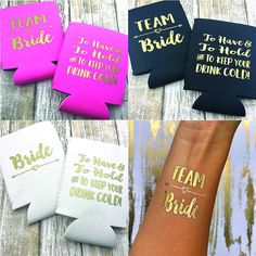 four different types of bride and groom can coolers with gold lettering on the side