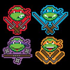 four pixel art pieces of teenage mutant turtles, each with different colors and designs on them