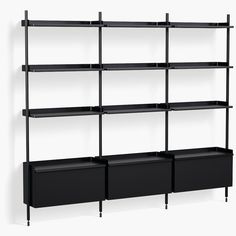 an empty shelf with black shelves on it