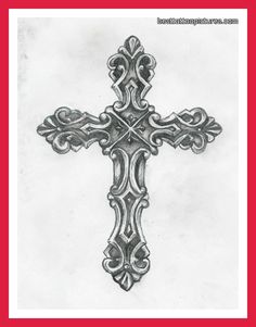 a drawing of a cross with intricate designs on the bottom and sides, in grey ink