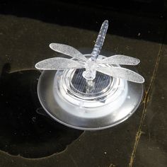 a clear dragonfly sitting on top of a black table