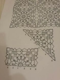 three black and white crochet designs on paper