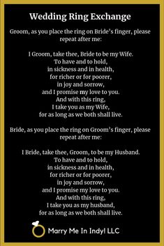 a poem written in black and gold with the words wedding ring exchange