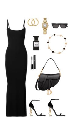 Skims dress, ysl heels, dior saddlebag, van cleef, tom ford, gold jewerly outfit, black outfit, new york outfit Black Long Prom Dresses, Ysl Outfit, Black And Gold Outfit, Hot Prom Dress, Date Night Outfit Ideas, Night Outfit Ideas, Heels Outfits, Looks Party, Long Prom Dresses