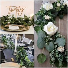 the table is set with flowers and greenery