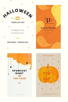 four halloween greeting cards with orange and yellow designs on them, all in different styles