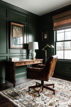 a chair sitting on top of a rug in front of a desk with a lamp