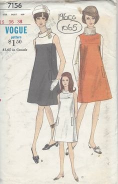 two women's dresses and one woman's dress sewing pattern from the 1960s