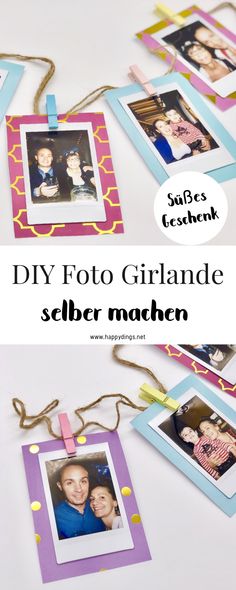 two pictures hanging from twine with the words diy foto garland on them