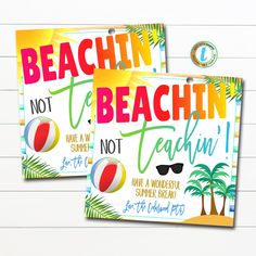 two beach themed birthday party signs with palm trees and sun glasses on the front one