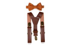 Rusty Copper Bow Tie & Brown Leather Suspenders for Baby Toddler Boy Men Classic Fitted Belts And Suspenders For Wedding, Classic Wedding Belts And Suspenders With Bow Tie, Elegant Adjustable Belts And Suspenders For Wedding, Classic Bow Tie With Suspenders For Party, Bow Tie And Suspenders Set For Father's Day Party, Classic Party Bow Tie With Suspenders, Dapper Suspenders For Party, Dapper Party Suspenders, Classic Adjustable Belts And Suspenders For Party