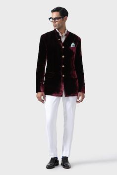 Maroon handmade bandhgala jacket, crafted in velvet base with carved contrasting buttons. - Aza Fashions Traditional Velvet Bandhgala For Festive Occasions, Festive Velvet Fitted Sherwani, Traditional Velvet Bandhgala For Wedding, Wedding Velvet Long Sleeve Bandhgala, Festive Velvet Bandhgala With Long Sleeves, Festive Long Sleeve Velvet Bandhgala, Formal Long Sleeve Velvet Sherwani, Elegant Velvet Bandhgala For Wedding, Elegant Long Sleeve Velvet Bandhgala