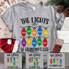 The Lights Of Grandma's Life Grandkids Christmas ArtGreat as Birthday gifts or Holiday presents. This adorable item can be designed upon anyone's wish with any title.Brand: Gildan Classic unisex cut makes this easy to fit the body.Material: Heavyweight fabricSport Grey And Antique Heathers: 90% Cotton | 10% PolyesterSafety Colors And Heathers: 50% Cotton | 50% PolyesterOther colors: 100% cotton Machine wash cold inside out with like colors, tumble dry low for easy care Imported, Printed in the U Great Grandma Christmas Gifts Cricut, Mom Christmas Shirts Vinyl, Grandmas Christmas, Custom Tee Shirts, Xmas Lights, Personalized Clothes, Art Shirts, Personalized T Shirts, Christmas Shirt