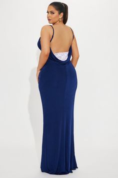 Available In Taupe And Navy. Slinky Maxi Dress Adjustable Spaghetti Straps Cowl Neckline Backless Lace Back Detail Stretch Self: 92% Polyester 8% Spandex Lining: 100% Polyester Imported | Hailey Slinky Maxi Dress in Navy Blue size XS by Fashion Nova Blue Backless Dresses With Built-in Bra, Seamless Elastane Party Dress, Blue Spaghetti Strap Bodycon Dress For Prom, Stretch Seamless Maxi Dress For Party, V-neck Blue Dress With Built-in Bra, Free Dresses, Maxi Dress Navy, Cowl Neckline, Navy Fashion