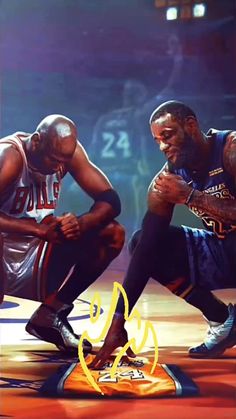 two basketball players sitting on the floor in front of a mirror with their hands together