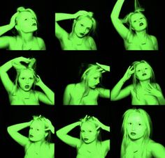 the woman is posing with her hands on her head and hair in different poses, all lit up green