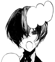 a black and white drawing of a person with speech bubbles above their head, looking to the side