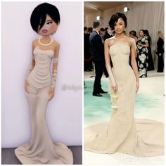 two different pictures of women in dresses and one has a doll