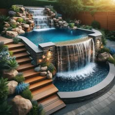 a pool with waterfall and steps leading up to it