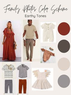 the family outfits color scheme for earthy tones is shown in red, white and grey