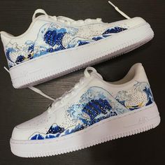 Custom Air Force 1 Wave Kanagawa Wave Kanagawa, All White Sneakers, Custom Sneakers Diy, Air Force 1 Custom, Cute Nikes